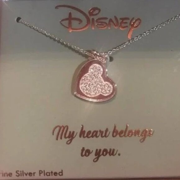 DISNEY MICKEY MOUSE SILVER HEART PAVE CLEAR CRYSTALS NECKLACE**NEW! - Picture 2 of 4